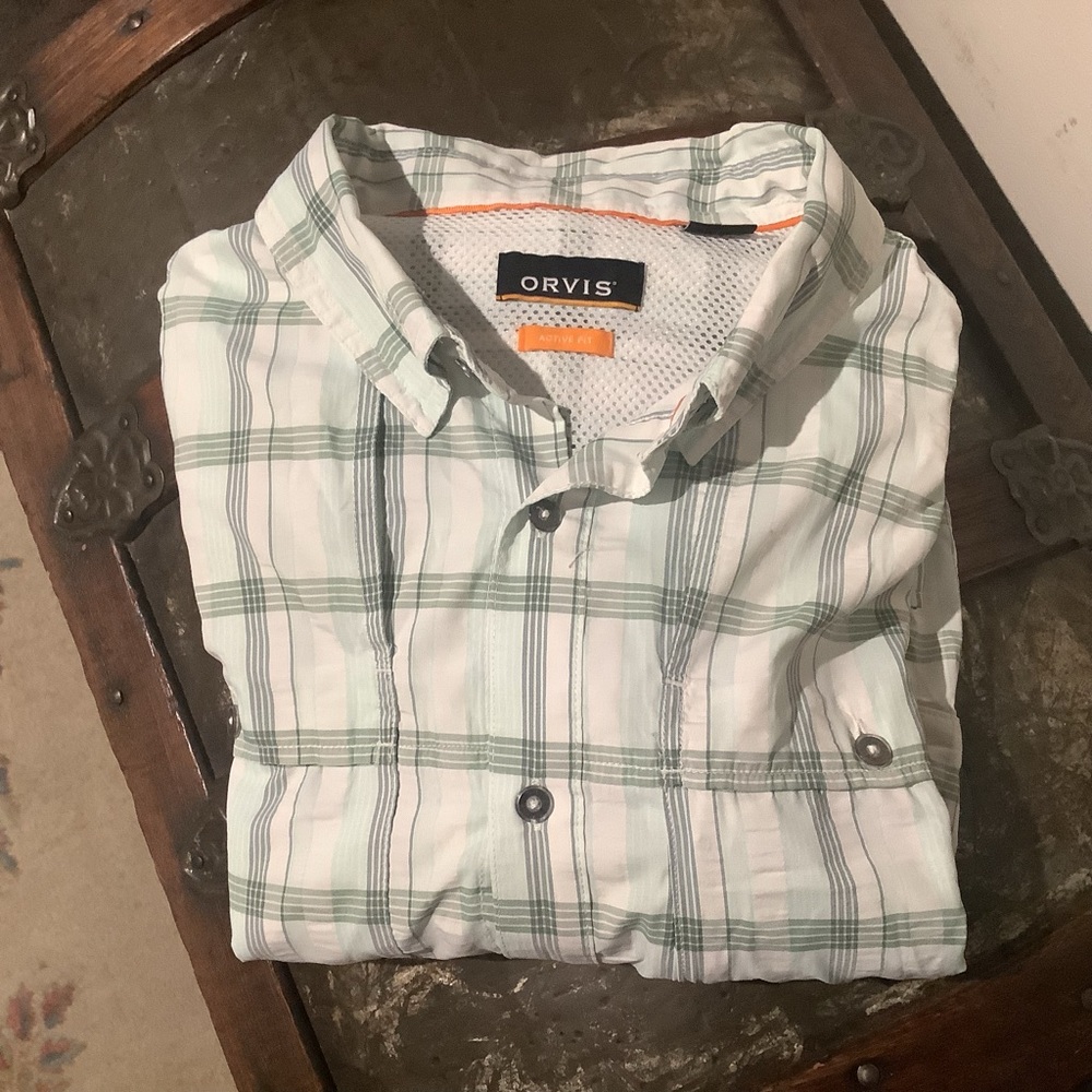 Orvis White and Green Checkered Men's Outdoor Fishing Shirt Sz L
